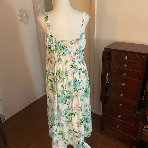 Old Navy floral midi dress linen size Large straps flower print white blue green - Picture 6 of 14